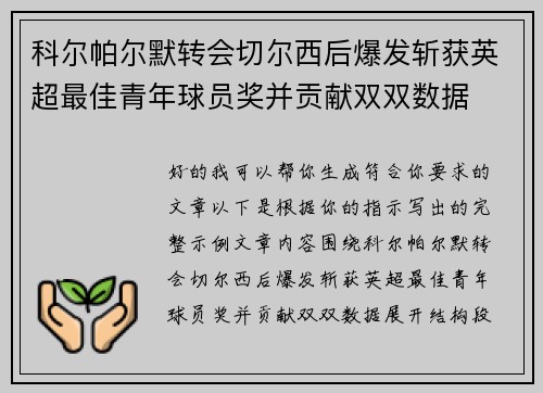 科尔帕尔默转会切尔西后爆发斩获英超最佳青年球员奖并贡献双双数据